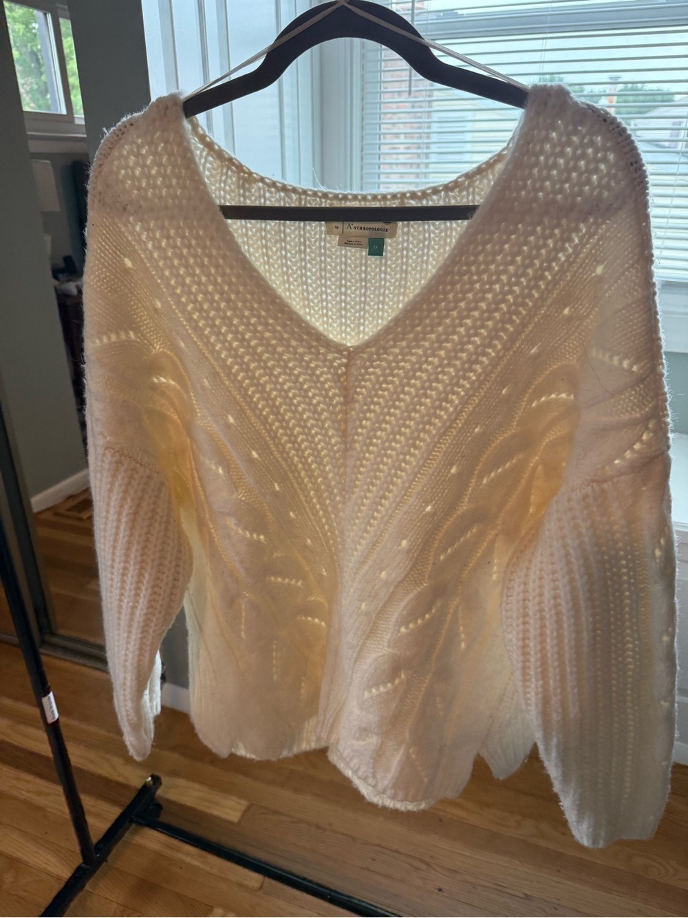 Anthropologie Cream Cable-Knit V-Neck Sweater